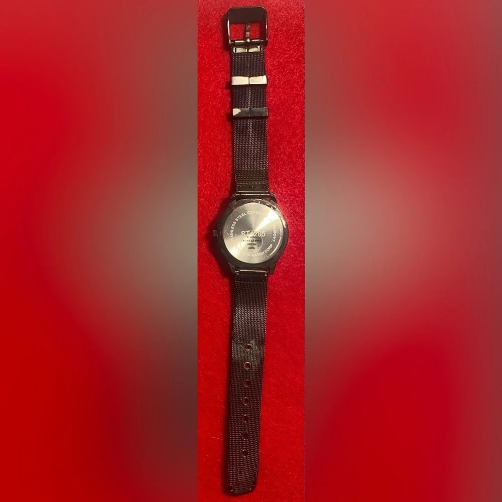 Watch Black Mesh Adjustable New Mother Of Pearl Like Face w/Rhinestones Vintage
